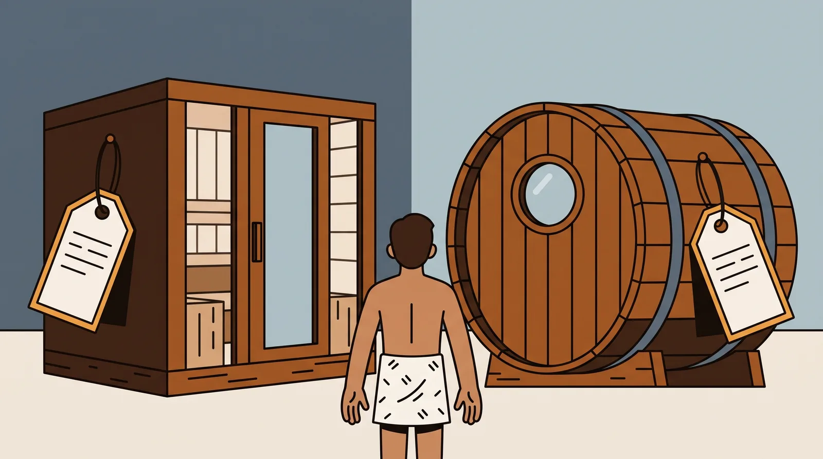A buyer weighing a sauna cabin against a barrel sauna