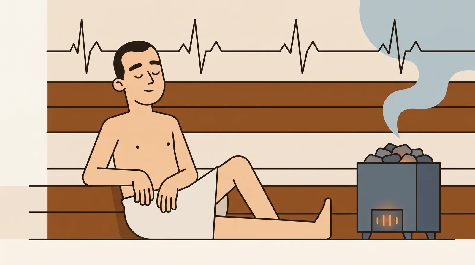 A bather at rest in sauna heat with a steady heart rhythm
